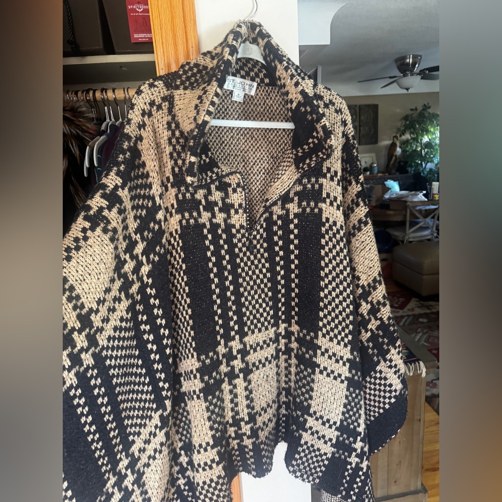 St. John Collection Black and Tan Plaid Poncho